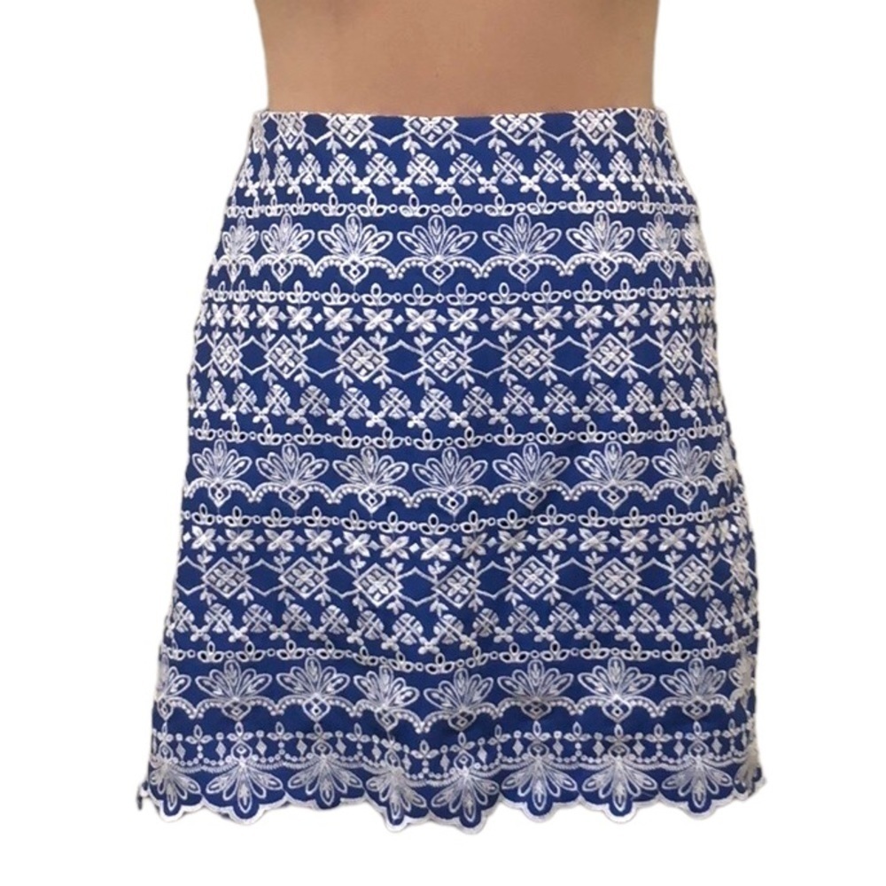 NWT Ann Taylor Skirt Size 4 Blue Embroidered Eyelet Scallop Hem High Waist Mini